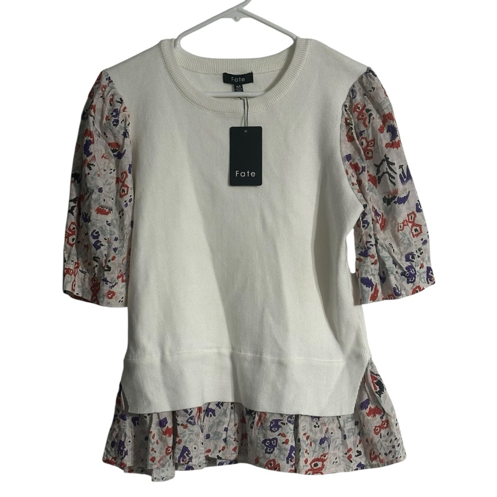 NWT Fate White Blouse with Multicolor Short Sleeves MSRP $58